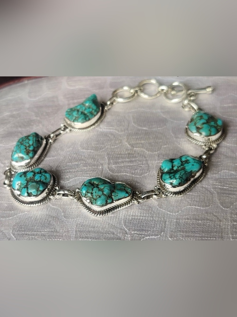 Blue Turquoise Cabachon Adjustable Bracelet Set In 925 Sterling Silver